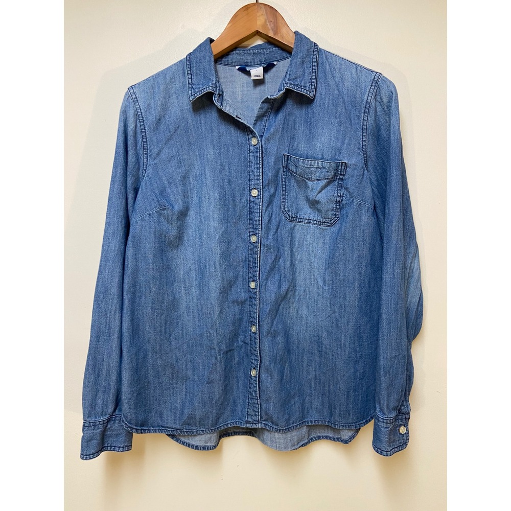 Old Navy Classic Shirt Women Large Blue Denim Chambray Button Down Long Sleeve